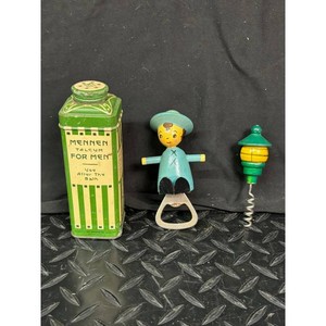Vintage Wood Bottle Opener & Corkscrew Set with Mennen Tin