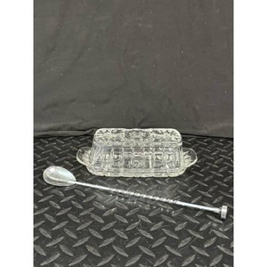 Clear Cut Glass Butter Dish with Lid and Spoon