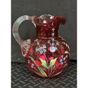 Ruby Red Hand-Painted Glass Pitcher with Clear Handle