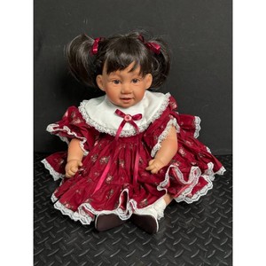 Vinyl Girl Doll in Burgundy Lace Dress, Pigtails, White Shoes