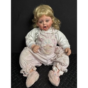 Porcelain Baby Doll in Pink Gingham Overalls