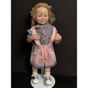 Blonde Porcelain Girl Doll in Floral Outfit with Stand