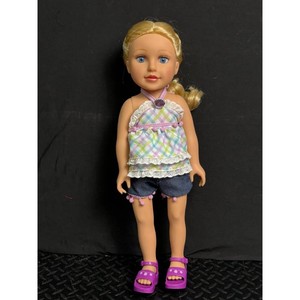 Blonde Plastic Fashion Doll with Outfit and Purple Sandals