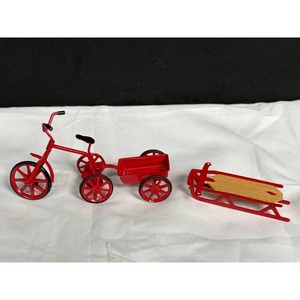 Red Metal Tricycle Wagon Sled Miniature Set � 3 Pieces
