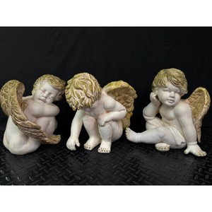 White Resin Cherub Angel Figurines with Gold Wings, 3 Pieces