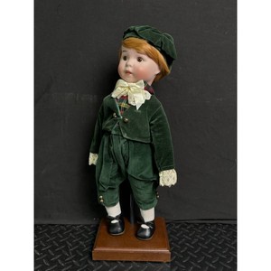 Green Velvet Porcelain Doll on Wood Base � Made in Taiwan