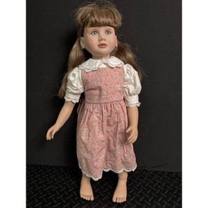 Porcelain Girl Doll with Pink Floral Dress and Brown Hair