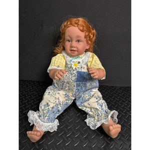 Red Hair Porcelain Doll in Blue Floral Patchwork Dress