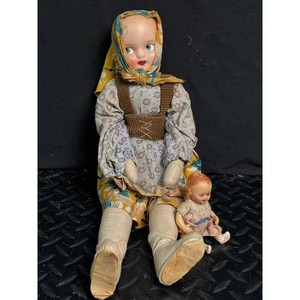 Vintage Cloth Doll with Mini Doll, Floral Dress, 2 Pieces