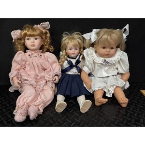 Porcelain Blonde Doll Trio in Pink and Navy Outfits, 3 Pieces