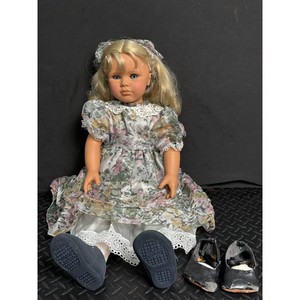 Blonde Vinyl Girl Doll in Floral Dress with Shoes