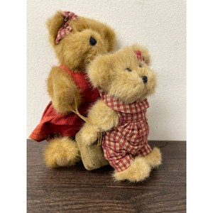 Plush Tan Teddy Bear Pair with Plaid Clothes and Sign