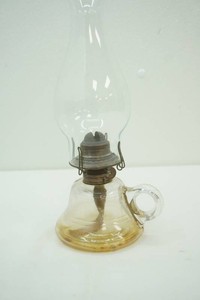 vintage Amber-tinted glass figure -loop oil/kerosene lamp with clear glass chimney