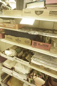 large lot of linens, tools, home decor, books