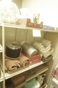 large lot of cleaning supplies, hardware, home decor