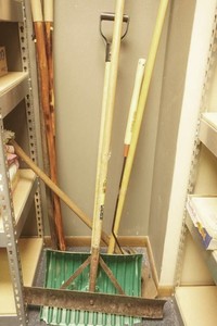 large lot of lawn and garden tools, walking sticks, ice chisel