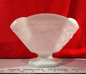 EAPG Anchor Hocking white milk glass fruit dish compote Grape and leaves Vintage