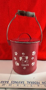 Scrappy Red Tin Metal Covered dog treats bin Pail Wood Handle