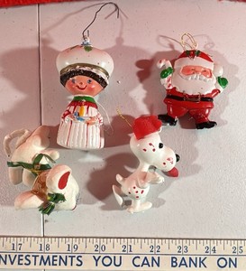 Vintage Plastic Blow Mold Santa, snoopy, girl and Felt covered moused Christmas ornaments holiday decor