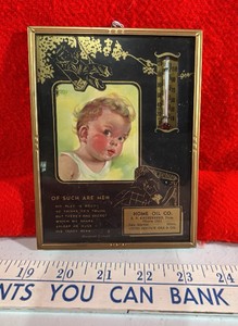 1951 Home Oil Co Advertising Calendar thermometer Baby Bear Framed wall Hanging picture