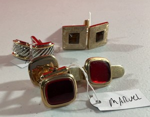 Vintage Cufflink Tie Clasp Marvel Ruby color Cats eye Gold tone jewelry