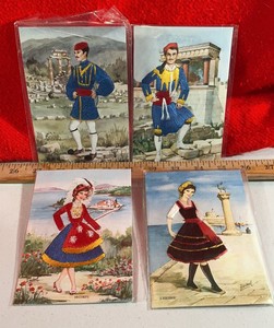 Post cards Silky Thread accents Traditional Greek Costumes