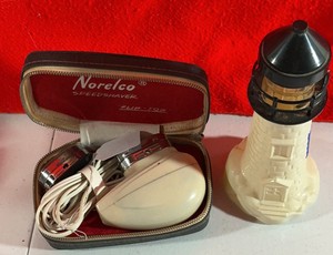 Vintage Norelco Speedshaver Flip Top Aftershave Old Spice Glass Lighthouse