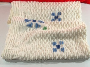 Vintage Chenille Curtain Panel White Blue green Material 72x36