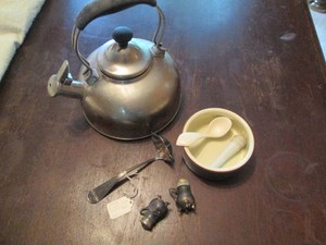 Metal tea kettle and mini shakers, ...