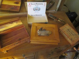 Vintage cedar box with detailed car...