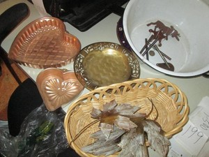 Mixed metal wall decor, wicker bask...