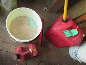 5 and 1-gallon gas cans plus bucket...