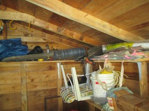 Content on shed shelf including woo...
