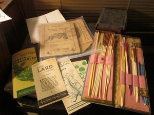 Vintage knitting tools, tractor man...