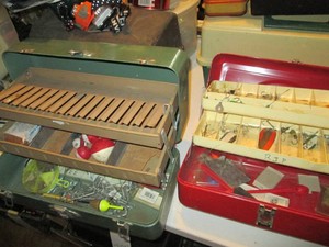 Pair of metal tackle boxes with mis...