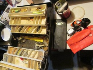 Multi-tray tackle box with assorted...