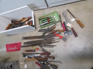 Tote of files, chisels and more