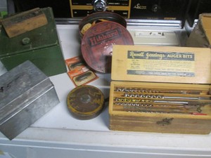 Vintage boxes, auger bit set, mot and tape measure
