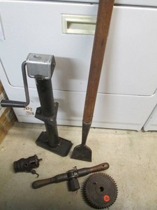 Vintage steam trap, trailer jack chisel and more