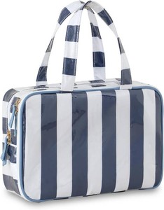 $23 Toiletry Bag for Women, White and Navy Stripe  Clear Coated,Waterproof,Multiple Compartment,Open Flat,Handle,Travel Organizer for Shampoo,Conditioner,Cosmetic Accessories