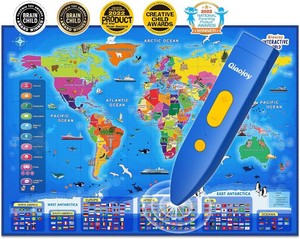 $46 Qiaojoy Bilingual Interactive World Map for Kids Learning Educational Toy  Talking Electronic Kids World Map i-Poster Geography Games Ages 3 to 12 Years Old, Custom Talking Birthday Gifts Card