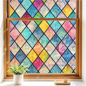 Haton Stained Glass Winodw Film, Rainbow Lattice Stickers, 17.5 x 78.7  3D Colorful Decorative Window Cling, Static Cling Removable, Blocks UV & Heat, Privacy Decals for Home Door, No Glue