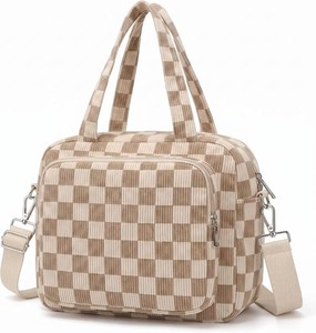 Tallew Brown Checkered Diaper Bag for Mom Small Corduroy Gingham Diaper Bag for Boys & Girls Crossbody Baby Travel Bags 6 Plaid Organized Storage Pockets for Mom and Dad