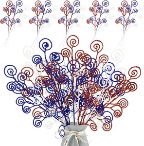 24 Pieces Glitter Patriotic Picks 4th of July Ornaments Decorative Sticks Candy Stems Curly Sprays for Independence Day Xmas Tree Branches Vase Fillers Crafts Wreath Garland Decor (24, Red White Blue)