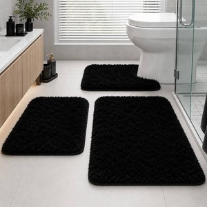 $26 Bathroom Rugs Set Plush Velvet Bath Rugs Non-Slip Shaggy Bath Mat Set 3 Piece,Washable Mats,Absorbent Shaggy Rugs Super Soft U-Shaped Toilet Rug,Bahroom Carpets for Bathroom,Tub,Shower Black