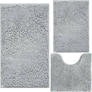 BOANKODU 3 Piece Bathroom Rugs Set, Extra Soft & Shag Chenille Bath Mat, Non-Slip PVC Backing, Machine Washable Absorbent Bath Mats for Bathroom, Toilet Rug, Home Decor (Light Grey)