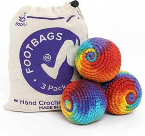$26 BOONI Handmade Crocheted Footbag- Pack of 3   Durable Woven Cotton Kick Ball for Style Games, Juggling, Tricks & Outdoor Games - Great as Stress Relief Fidget Toys  Made in Nepal