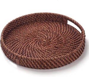 $24 11 inch Rattan Tray, Round Wicker Tray with Cut-Out Handles, Woven Serving Tray for Dining  Coffee Table