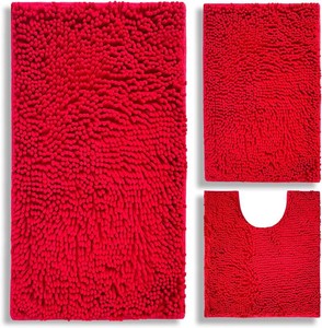 $27 BOANKODU Bathroom Rugs Chenille 3-Piece Extra Soft and Absorbent Shag Bathroom Rugs, Machine Wash Mat, Strong PVC Non-Slip Underside, Plush Carpet Mats (Red)