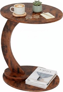 $43 C Shaped End Table,Round Side Table for Couch Tables that Slide Under, TV Sofa Table for Small Spaces,C Table,Night Stand with Metal Frame for Bedroom,Living Room,Small Space(Brown)